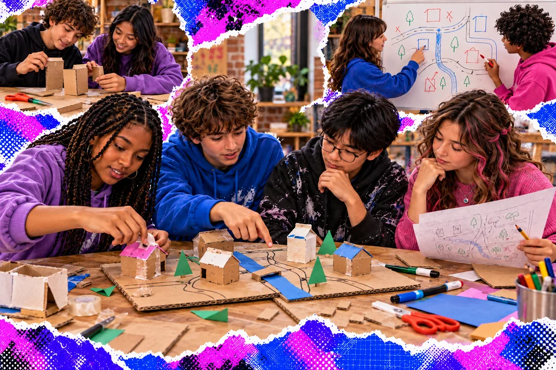 Illustration : des adolescents dessinent un plan de quartier et construisent une maquette en carton ensemble.