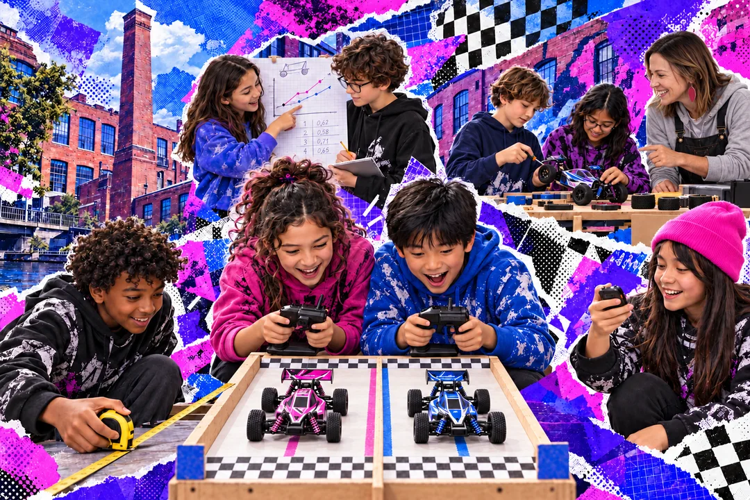 Illustration : des jeunes pilotent des autos téléguidées, mesurent le parcours et chronomètrent leurs essais.