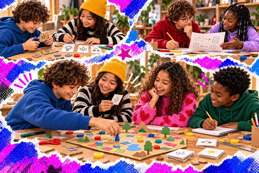 Illustration : des jeunes fabriquent des cartes et des jetons, discutent des règles, puis testent leur jeu de société pendant qu’un équipier note ses observations.