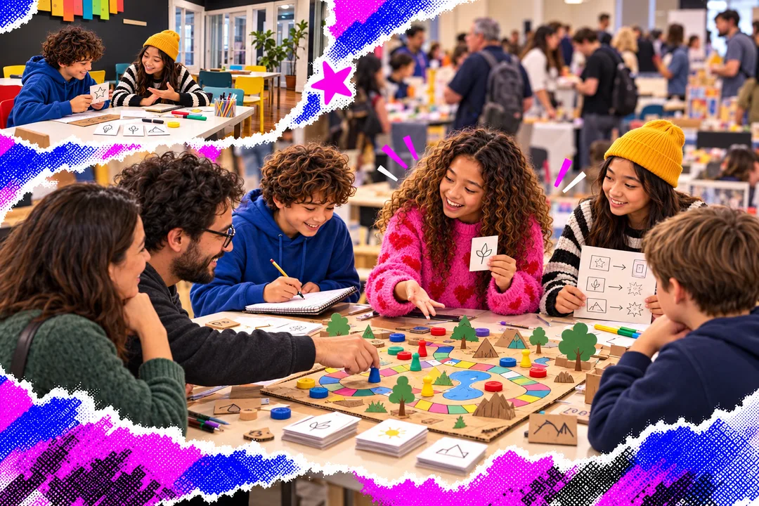 Projection illustrée : de jeunes créateurs présentent leur jeu à des visiteurs d’un salon; un joueur essaie le prototype et un jeune note les réactions. En médaillon, ils se préparent dans un décor inspiré de l’Atelier.