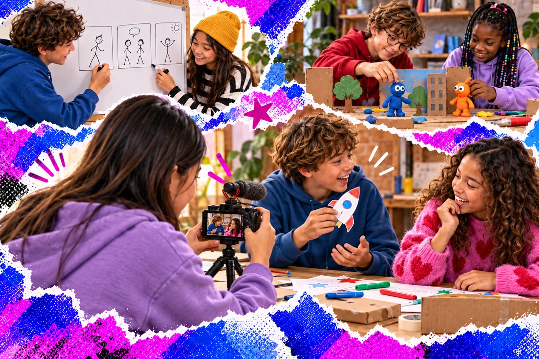 Illustration : des jeunes préparent un storyboard, animent des personnages et tournent une scène ensemble.