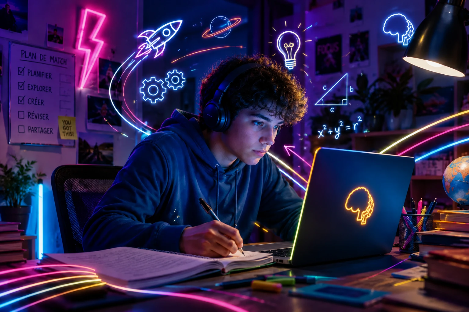Un adolescent organise son plan de match devant un ordinateur portant le signe AcadémieCo.