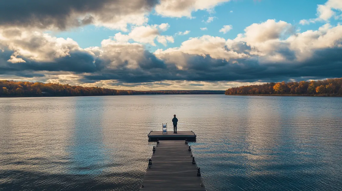 Quai sur un lac québécois au coucher du soleil