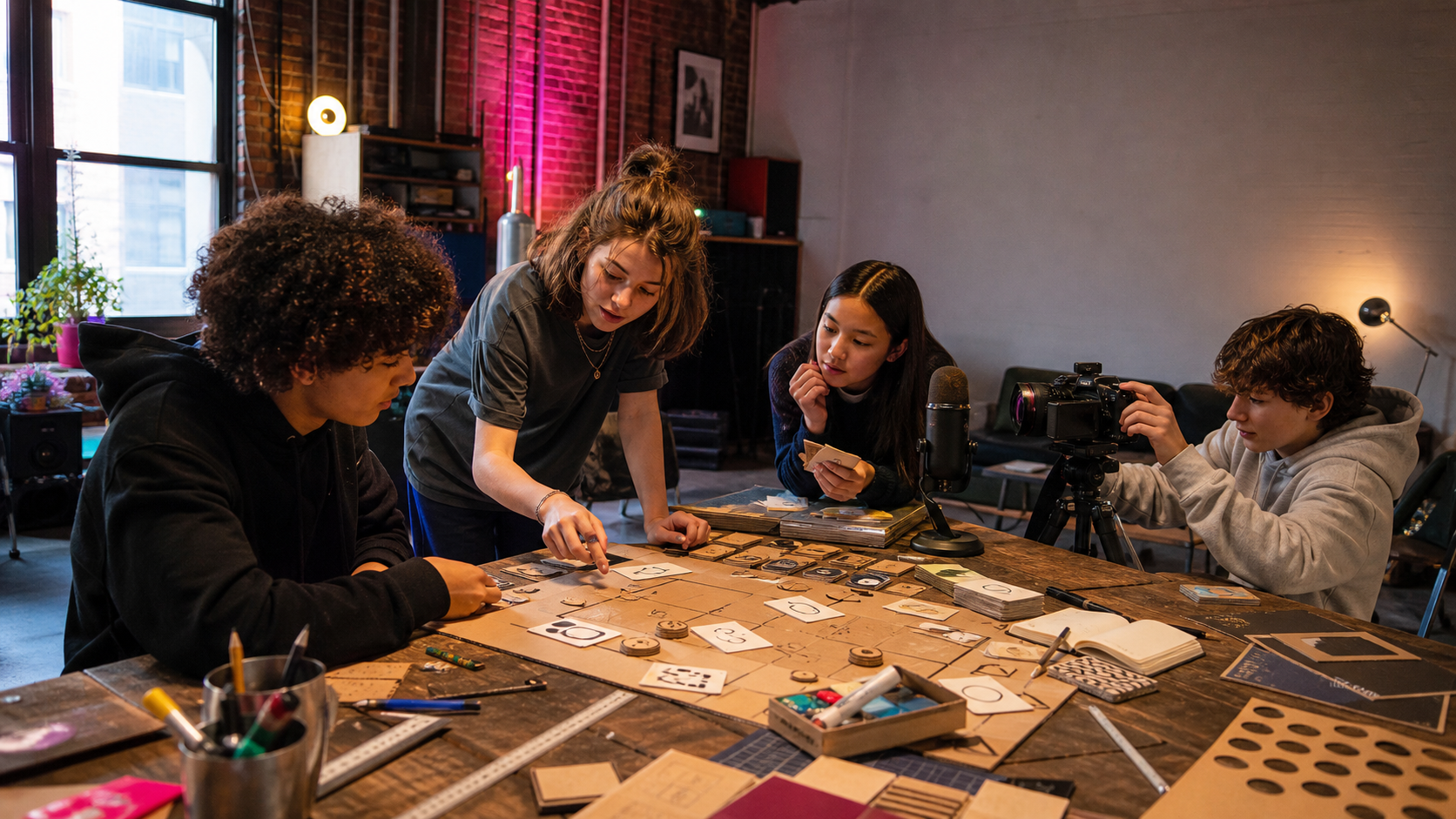 Des adolescents testent un jeu de société qu’ils ont conçu à L’Atelier.