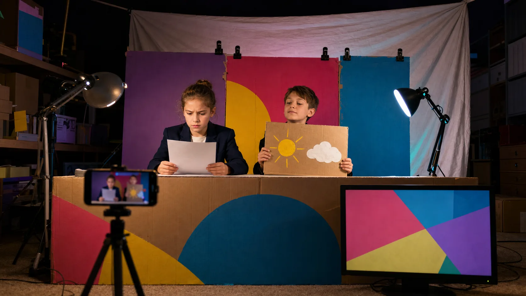 Deux enfants tournent leur propre bulletin devant un décor construit à la main.