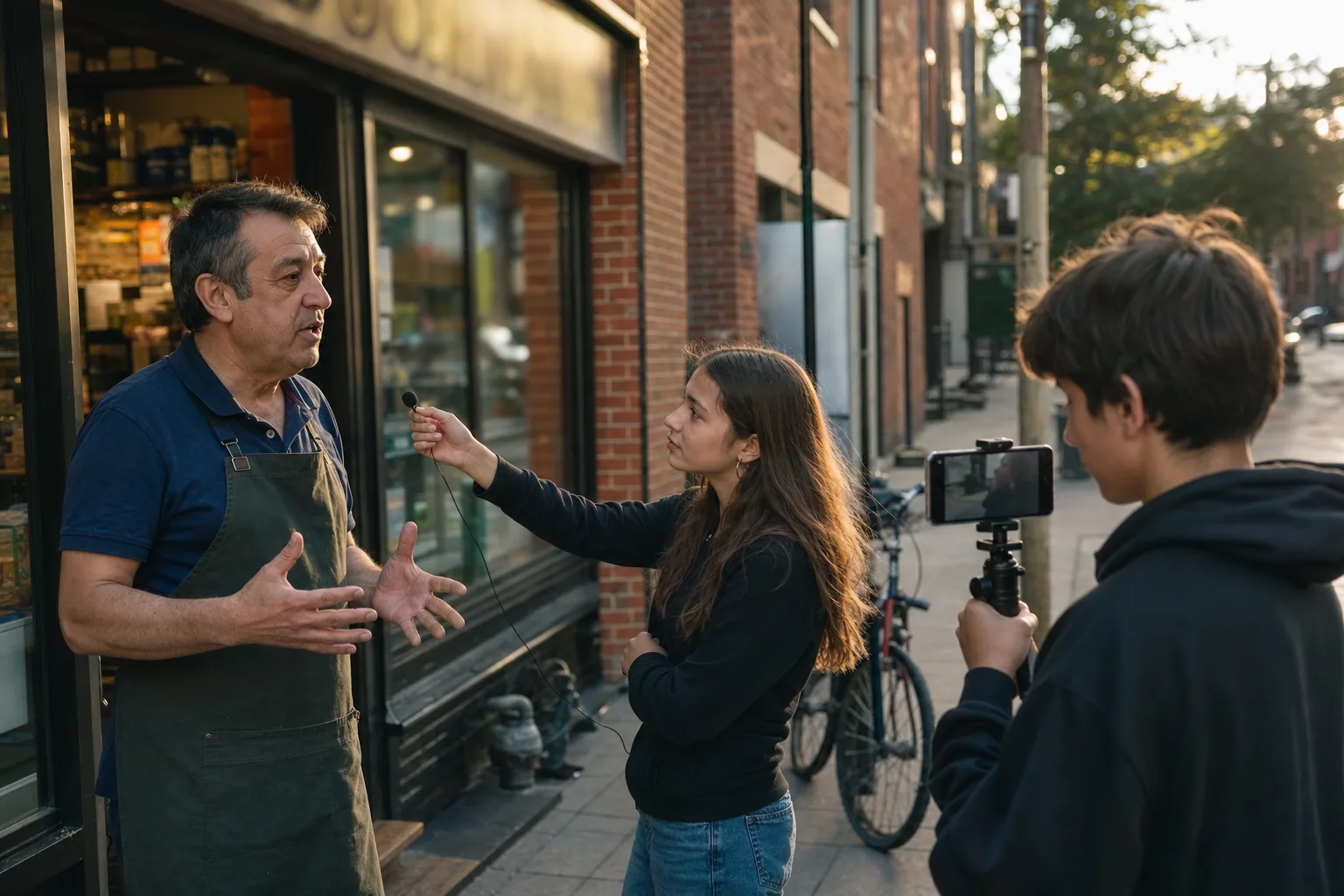 Deux jeunes réalisent une entrevue vidéo dans leur quartier.