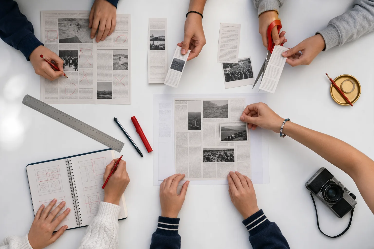 Vue de dessus d'une table blanche ou six mains decoupent des articles de journal, entourees d'un carnet, d'une regle et d'un appareil photo.