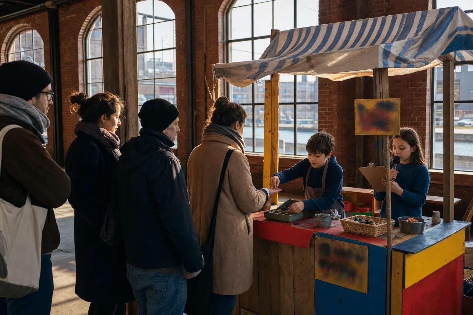 Deux enfants présentent leur kiosque à des visiteurs.